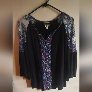 fig and flower Black Top with Blue and Red Floral Trim